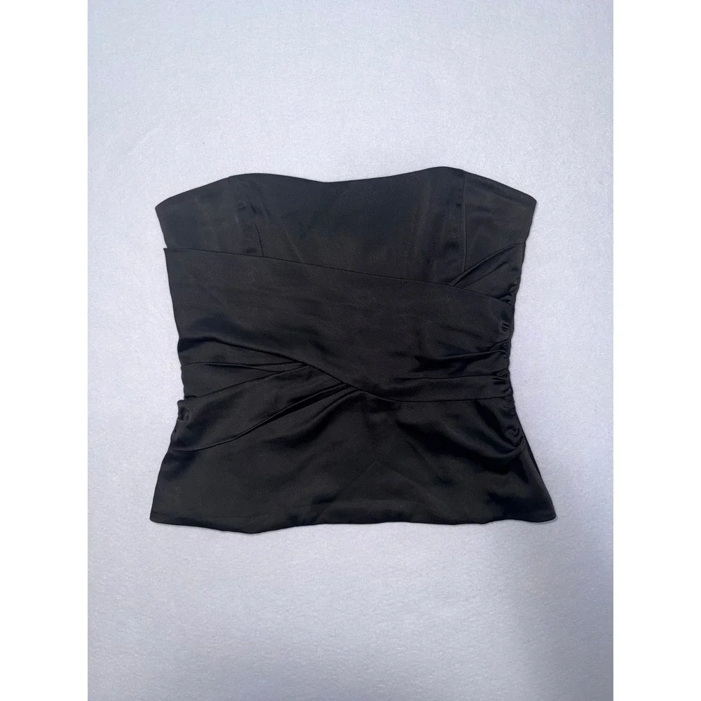 BCBGMAXAZRIA Black Satin Strapless Corset Top Draped Pleated Wrap Blouse Small - Picture 2 of 4